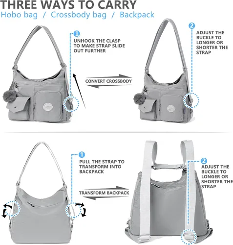 Miniatura 6 de Bolso Hobo multiusos para mujer con RFID antirrobo, bolsa cruzada de nailon impermeable, bolsa de hombro, mochila convertible