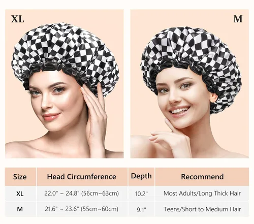 Miniatura 2 de mikimini Gorro de ducha para mujeres y niñas, elegante diseño de tablero de ajedrez, doble capa, impermeable, reutilizable, lavable, sin olor