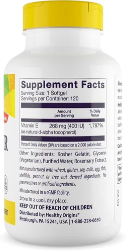 Miniatura 3 de Healthy Origins Vitamina E, 400 UI de girasol (Sun E 900) - Suplemento de vitamina E - Vitaminas para el cabello, la piel y las uñas - Suplemento