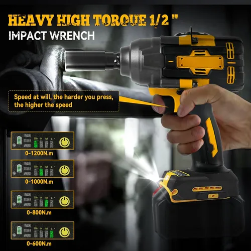 Miniatura 2 de JOJOCY Llave de impacto inalámbrica de 1/2 pulgada, destornillador de impacto sin escobillas de 900 pies (1200 N.m) con velocidad de 4 modos