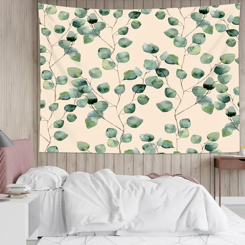 HVEST Tapiz de hojas de eucalipto para colgar en la pared, hojas de eucalipto verdes sobre fondo beige, tapiz para colgar en la pared, tapiz de