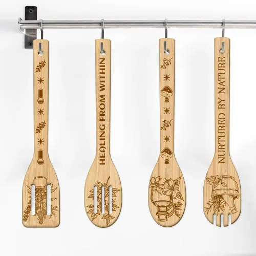 Miniatura 7 de GLOBLELAND Juego de 6 cucharas de madera a base de hierbas, juego de utensilios de cocina de bambú para refinar tallado de bambú, juego de espátulas