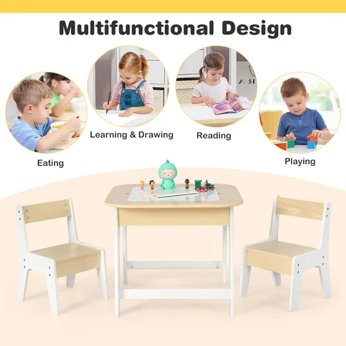 Miniatura 7 de HONEY JOY Juego de mesa y silla para niños, mesa de actividades de madera 3 en 1 y 2 sillas para manualidades artísticas, pizarra reversible, 3