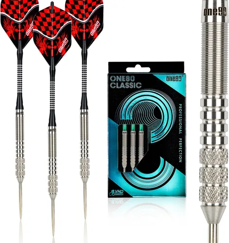 ONE80 - Dardo de punta de acero profesional de tungsteno 90% VHD, estilo barril con vuelos extra, ejes y sacapuntas, caja de regalo con empaque