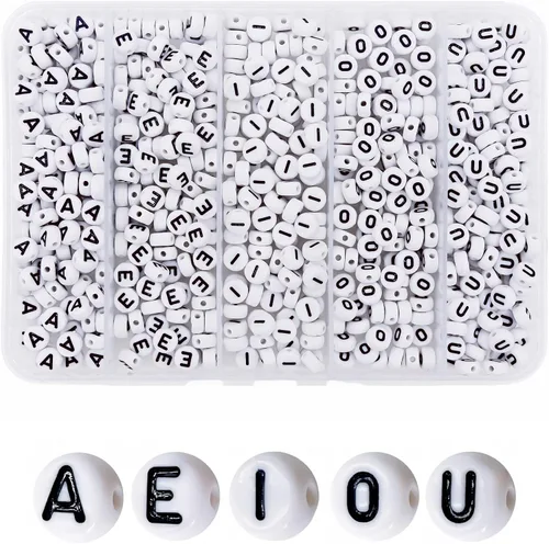 Miniatura 21 de Amaney - Cuentas de vocal A, 100 piezas de 0.276 x 0.157 in, blanco, redondo, acrílico, negro, alfabeto para fabricación de joyas Black-a