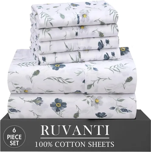 Miniatura 28 de RUVANTI 6 Piezas Sábanas de Algodón - 100% Algodón Natural Suave, Ligeras y Transpirables Sábanas de Percal Crujiente, Sábanas de Cama Tamaño Full