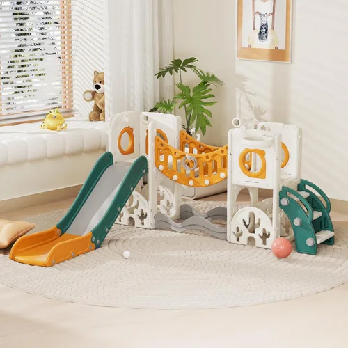Miniatura 17 de KORIMEFA Tobogán infantil 7 en 1, tobogán infantil para bebés de 1 a 3 años, para interiores y exteriores, con aro de baloncesto y juego de golf