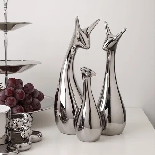 Miniatura 3 de Estatua de cerámica moderna de plata brillante, decoración del hogar, jirafa, decoración para sala de estar, estante, estantería moderna, figuritas