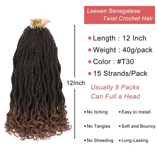 Miniatura 2 de Leeven Cabello de Ganchillo Rizado Senegalés de 12 Pulgadas, 8 Paquetes Trenzas de Ganchillo Cortas Ombre Marrón, Trenzas Havana Pequeñas #T30