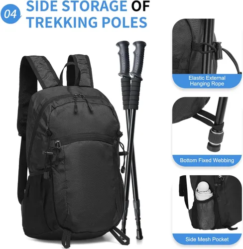Miniatura 5 de Mochila de senderismo plegable, mochila de camping resistente al agua, ligera de poliéster para hombres, mujeres, viajes al aire libre Negro