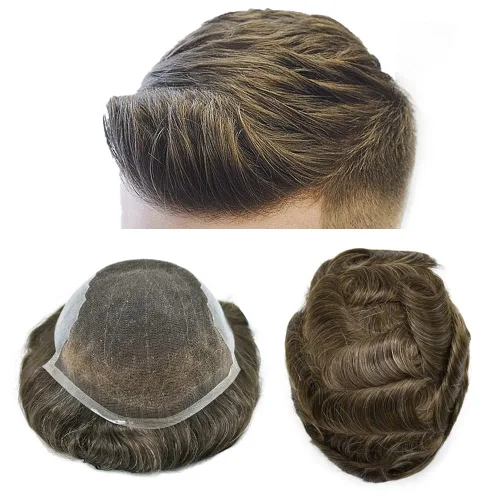 Miniatura 32 de Tupé para hombres 100% europeos unidades de cabello humano francés sistema de cabello de encaje con nudos blanqueados, línea capilar natural para #5