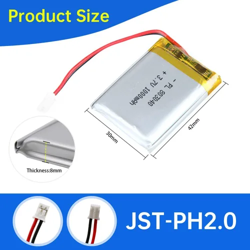 Miniatura 3 de 803040 Batería Lipo 3.7V 1000mAh 803040 Paquete de Batería de Polímero de Litio Recargable con Conector JST PH2.0mm para Dispositivo Electrónico