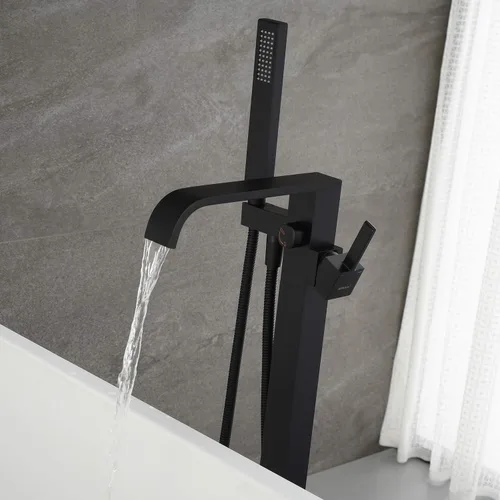Miniatura 4 de Grifo de bañera independiente Llenador de bañera Negro Montaje en el piso Grifos de baño Latón Manija única con ducha de mano
