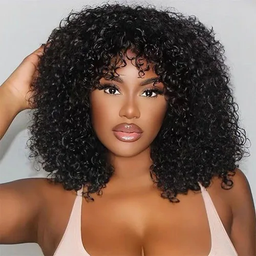 Pelucas Bob sin pegamento, de cabello humano, rizadas cortas con flequillo, listas para usar, cabello brasileño rizado, 200% de densidad para 1b