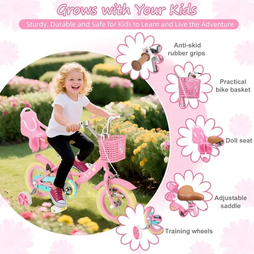 Miniatura 3 de XJD Bicicleta para niñas de 2 a 12 años, bicicleta para niños de 12, 14 y 16 pulgadas, con ruedas de entrenamiento, serpentinas, cesta y asiento