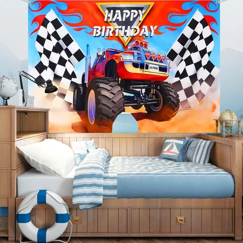 Miniatura 6 de Irenare Los suministros de fiesta de Monster Truck incluyen 1 telón de fondo de camión monstruo, 1 mantel de bandera de plástico a cuadros, telón