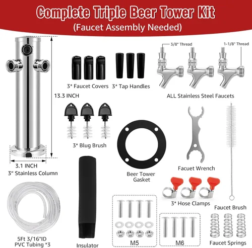 Torre Kegerator de acero inoxidable de 3 grifos, torre de barril de cerveza de 3 pulgadas, torre de cerveza de barril de 3 pulgadas, torre de grifo