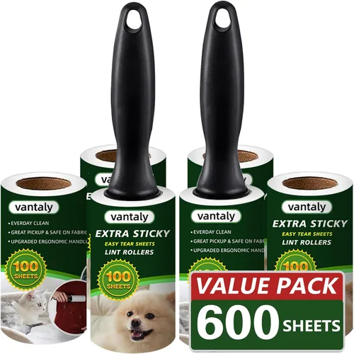 Rodillos de pelusa para pelo de mascotas extra pegajosos, juego de 600 hojas de rodillo de pelusa con 2 asas mejoradas, 6 rodillos portátiles para