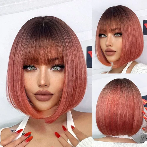 Miniatura 8 de Pelucas de pelo corto negro natural para mujeres con flequillo, 12 pulgadas, lacio, sintético, cosplay, fiesta de Halloween, peluca para niñas, uso