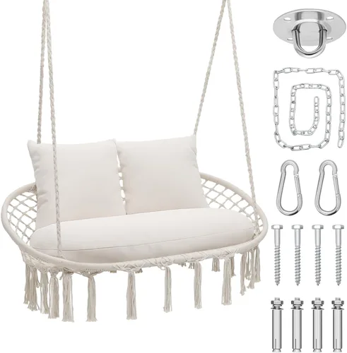 Miniatura 11 de Magshion Silla hamaca colgante con acogedor cojín completo, silla columpio de macramé exterior con capacidad de 350 libras, muebles decorativos Beige