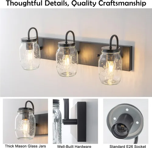 Miniatura 5 de Lámparas de pared de cristal de tocador, aplique de pared negro con tarro Mason para baño, granja