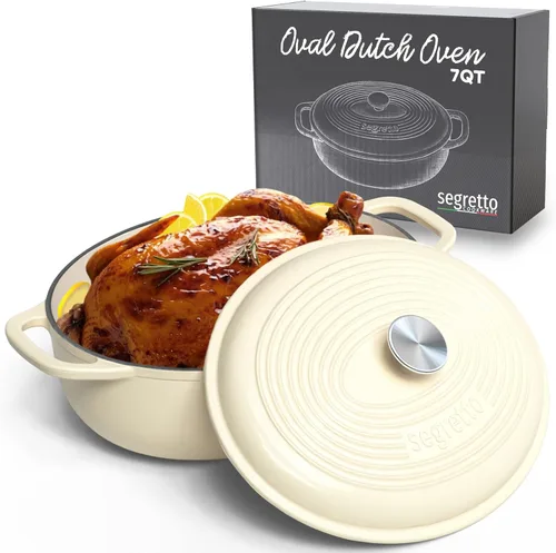 Segretto Cookware Horno holandés ovalado de hierro fundido esmaltado, 7 cuartos de galón blanco Bianco Perla (Off-White)