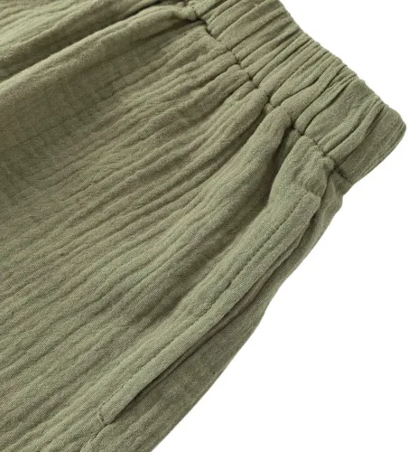 Miniatura 6 de Amazhiyu Conjunto de 2 piezas de gasa de algodón arrugado para mujer, pantalones cortos y tops de verano Verde