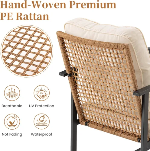 Miniatura 4 de COSIEST Juego de 3 sillas mecedoras para exteriores, muebles de patio de ratán con cojines gruesos y cálidos beige y mesa auxiliar de almacenamiento
