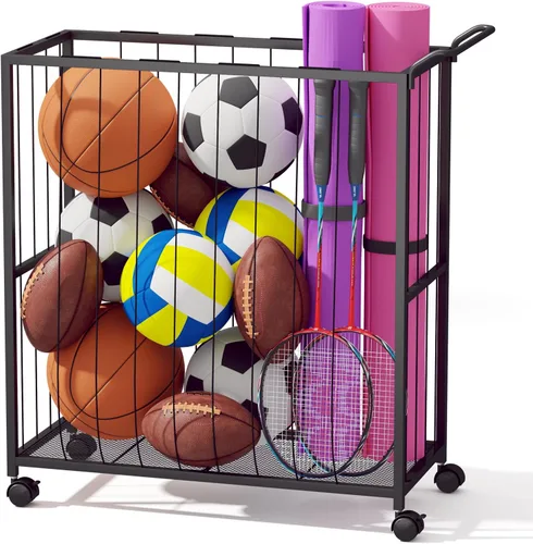 Miniatura 10 de Homsorout Cesta de almacenamiento de bolas, carrito de pelotas deportivas rodantes, organizador de garaje de metal, almacenamiento de canasta