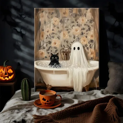 Miniatura 3 de Obras de arte en lienzo de fantasmas de Halloween para baño, decoración de pared con fantasmas de terror y lindo gato negro en la bañera, pinturas