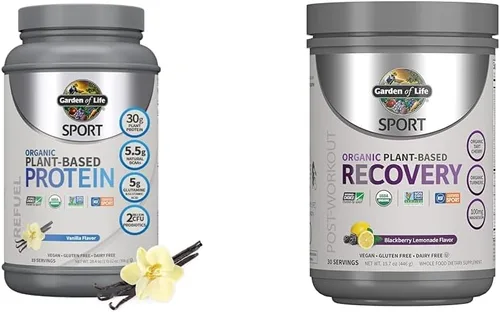 Garden of Life Polvo de proteína deportiva vegana orgánica, vainilla y deporte, vegano, a base de plantas, polvo de recuperación muscular después