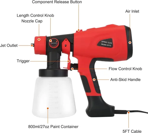 Miniatura 4 de Moclever - Pulverizador de pintura eléctrico Hvlp de alta potencia con recipiente de 27.1 fl oz, 5 boquillas de cobre y 3 patrones y filtro