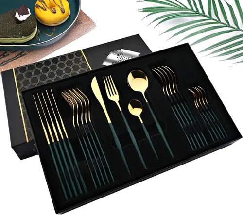 JASHII Juego de cubiertos verde oscuro y dorado, juego de cubiertos de acero inoxidable de 24 piezas, juego de cubiertos de acero inoxidable con