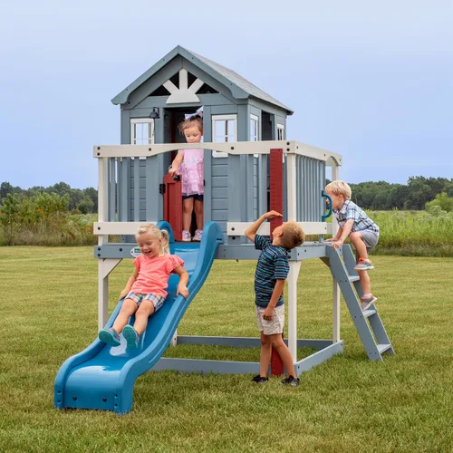 Miniatura 2 de Backyard Discovery Beacon Heights - Casa de juegos elevada de madera de cedro para niños con tobogán ondulado, cocina de juegos, cubierta
