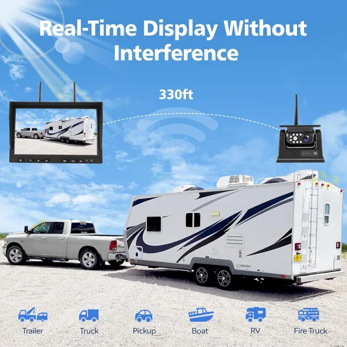 Miniatura 3 de 10.1 pulgadas - 2 cámaras de respaldo inalámbricas solares magnéticas, monitor HD 1080P DVR, sistema de cámaras duales para remolque de enganche RV