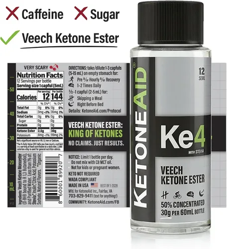 Miniatura 7 de KetoneAid Ke4 Concentrado de éster cetónico No es una sal cetona, sin azúcar, sin cafeína Éster D-BHB exógeno 12 porciones por botella