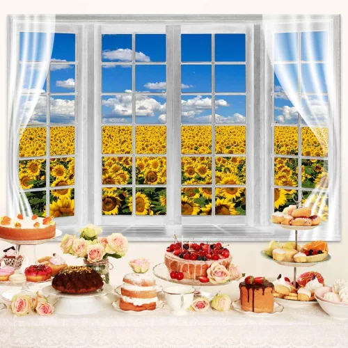 Miniatura 5 de Telón de fondo de campo de girasol, ventana, paisaje, granja, primavera, flores amarillas, cielo azul, fondo de poliéster de 5 x 3 pies para fotos
