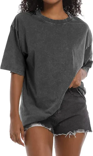 BINTEHGS Camisetas vintage de gran tamaño para mujer, de manga corta, de algodón, casuales, holgadas, para adolescentes, de moda, cuello redondo,
