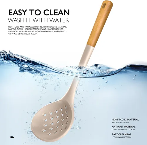 Miniatura 7 de Juego de utensilios de cocina de silicona grandes – Utensilios de cocina de silicona resistentes al calor para cocinar con asas de madera, juego