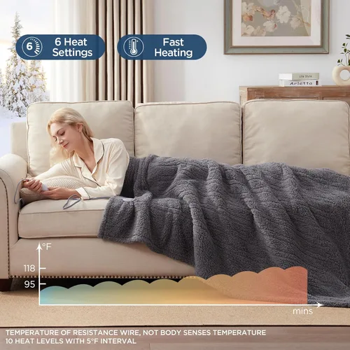 Miniatura 4 de Westinghouse Manta Eléctrica Tamaño Throw, Manta Térmica de Felpa Suave Sherpa con 6 Niveles de Calefacción y 2-10 Horas de Apagado Automático, Gris