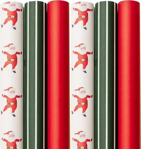 Merry Market Rollos de Papel de Regalo de Navidad, Papel de Regalo Mate Premium, Rollo Grande de 30" x 168" pulgadas, Diseño de Rayas de Santa,