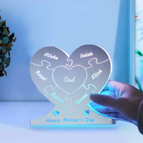 Miniatura 2 de Rompecabezas de nombre de familia personalizado, luz LED, espejo de corazón, espejo de dormitorio, espejo acrílico personalizado de 1 a 12 nombres