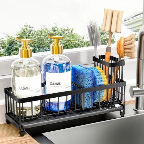 Miniatura 25 de Cisily Soporte de esponja negro extra grande para fregadero de cocina, organizador de fregadero con soporte alto para cepillos, organizadores