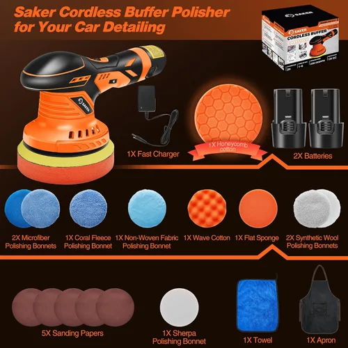 Miniatura 7 de Saker Pulidora de búfer inalámbrica, kit portátil de pulido de coche de carga rápida de 6 pulgadas con 2 baterías de 12V 2000mAh, pulidora