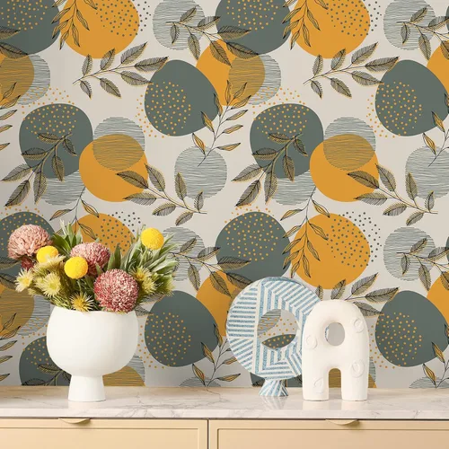 Miniatura 4 de VEELIKE Papel tapiz geométrico bohemio gris naranja con diseño geométrico de hojas vintage para dormitorio, sala de estar, papel de pared Accet