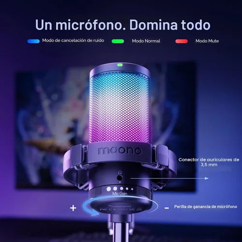Miniatura 5 de MAONO Micrófono USB para juegos, Micrófono condensador con cancelación de ruido con silencio, ganancia, monitoreo, micrófono de brazo de boom