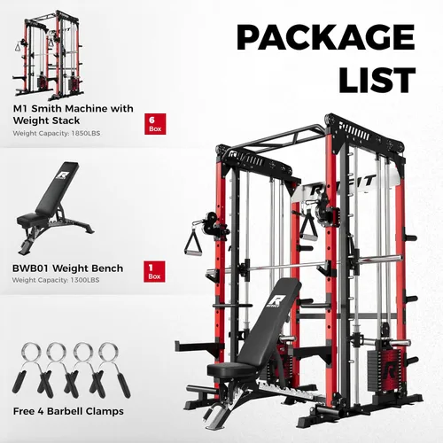 Miniatura 3 de RitFit Paquete de máquina M1 Pro Smith, jaula de potencia todo en uno con juego de pilas de pesas, incluye sistema LAT Pulldown y cable cruzado