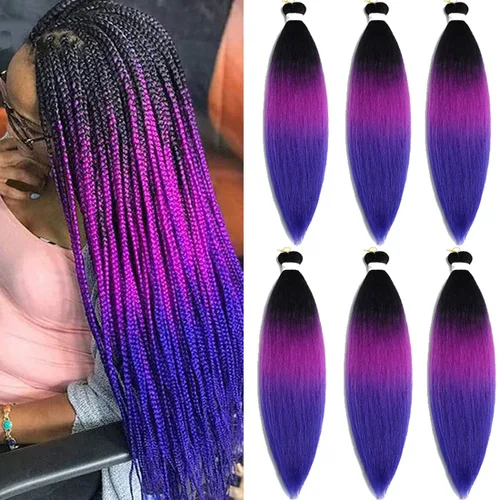 Miniatura 56 de Extensiones de cabello trenzado morado preestiradas, 20 pulgadas, 2 piezas de cabello sintético trenzado para niñas y mujeres, fiesta, disfraz