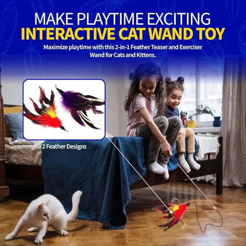 Miniatura 2 de Pet Fit For Life Juguetes de varita de plumas para gatos, juguete interactivo para mascotas de interior, 2 accesorios de plumas, promueve la salud