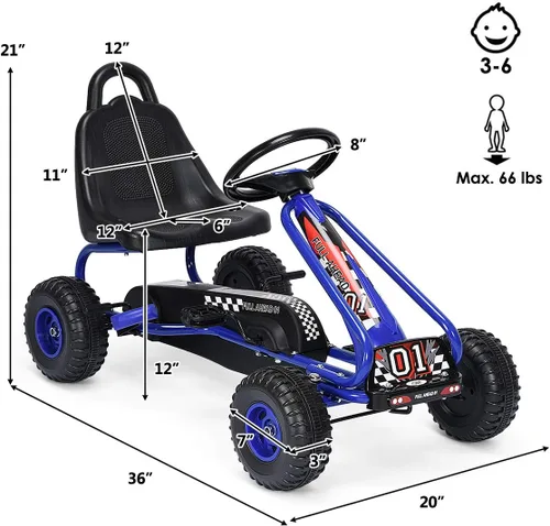 Miniatura 6 de HONEY JOY Go Kart para niños, carrito de 4 ruedas alimentado por pedal con volantes y asiento ajustable, freno de mano de seguridad, neumáticos Azul